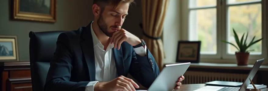 Photographie réaliste et éditoriale d'une personne réfléchissant à ses investissements financiers, avec un fond épuré et un éclairage cinématographique