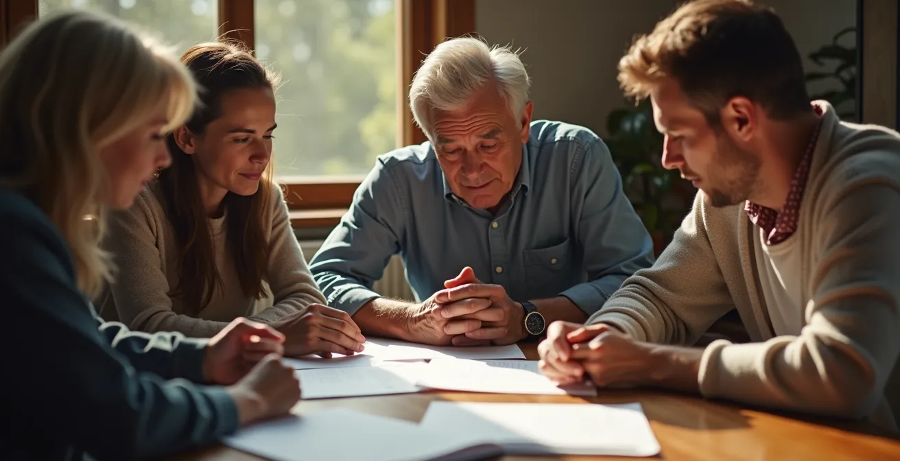 Photographie d’une réunion familiale symbolisant la transmission patrimoniale et la planification successorale