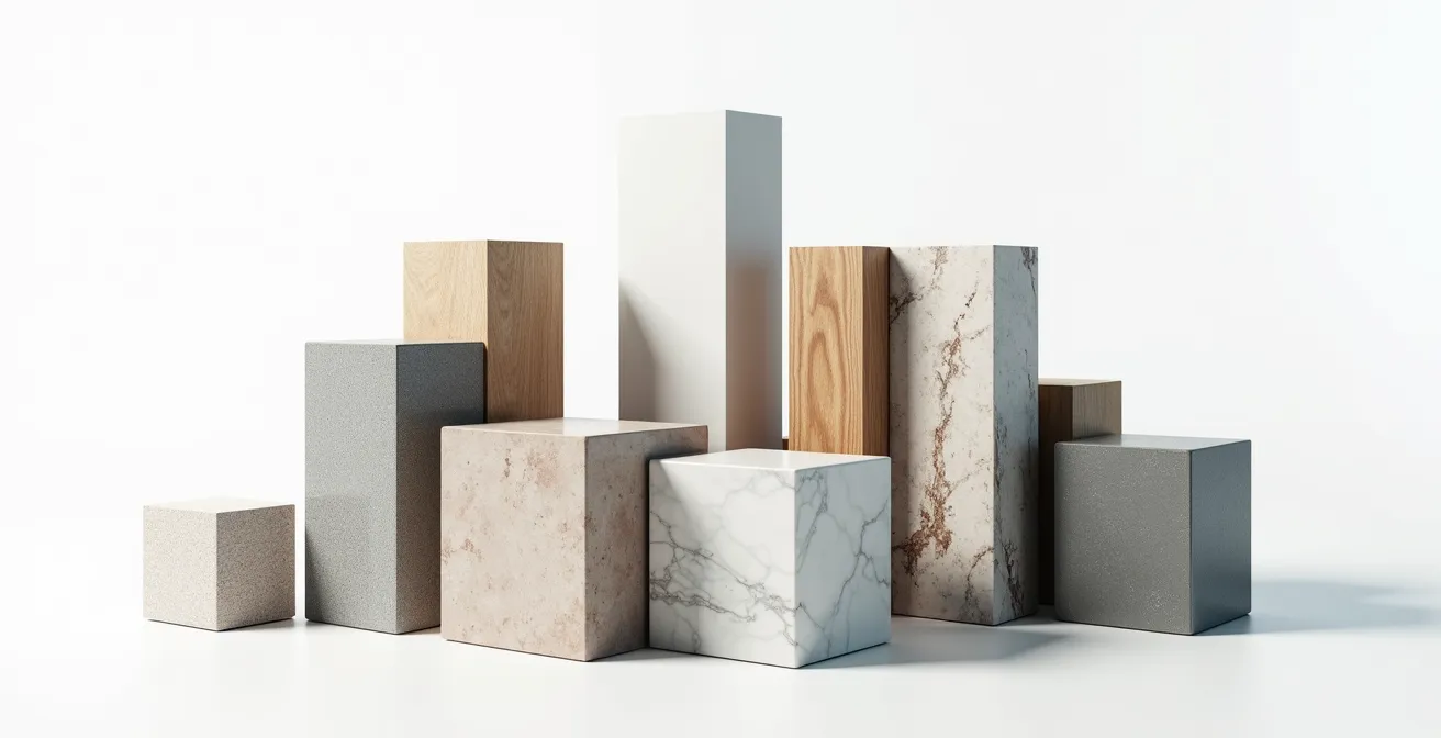 Composition architecturale de cubes en matériaux variés représentant la diversification