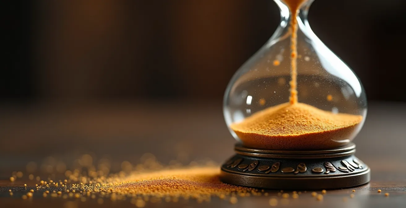 Détail macro d'un sablier avec grains de sable dorés en mouvement