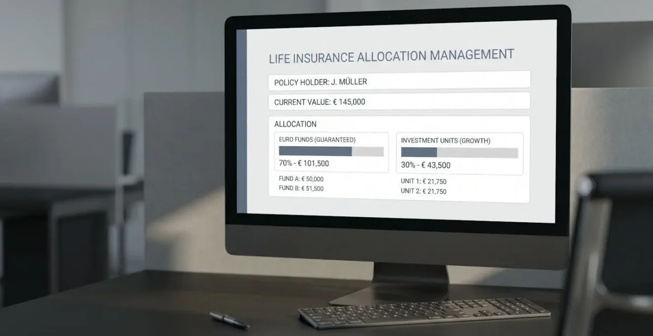 Écran d'ordinateur montrant l'interface de gestion d'un contrat d'assurance vie avec allocation entre fonds euros et unités de compte