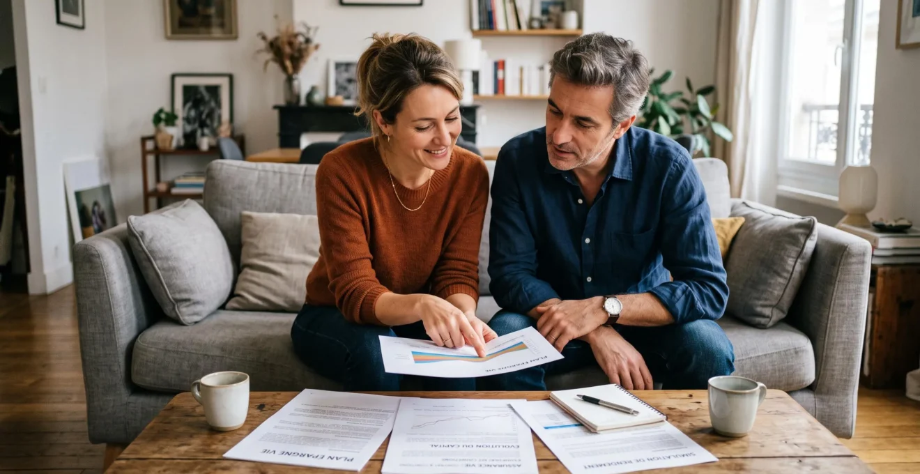 Couple assis dans leur salon, examinant ensemble des documents de leur contrat d'assurance vie étalés sur la table basse