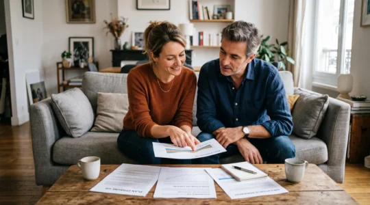 Couple assis dans leur salon, examinant ensemble des documents de leur contrat d'assurance vie étalés sur la table basse