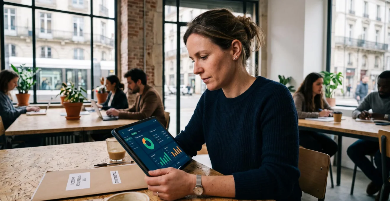 Femme consultant son contrat d'assurance vie sur une tablette dans un espace de coworking lumineux, documents contractuels à côté d'elle