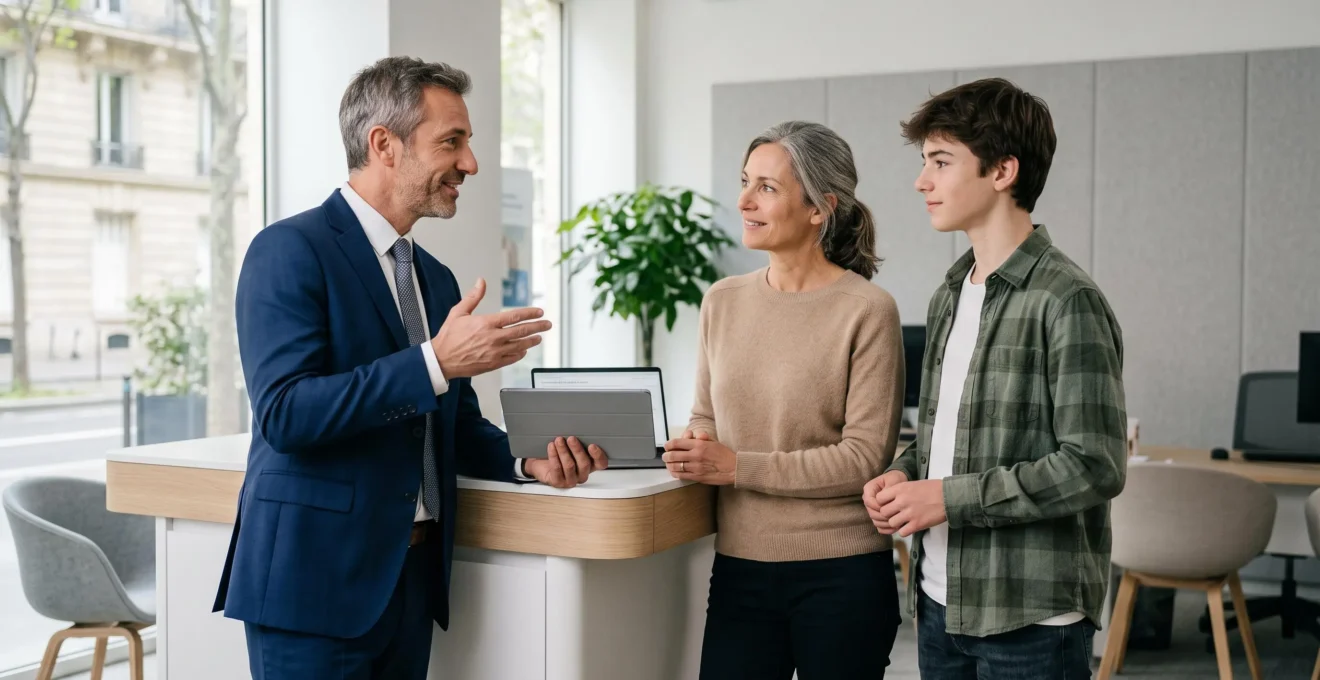 Conseiller financier debout expliquant des informations à un parent et son enfant adolescent dans un espace de conseil moderne Conseiller financier debout expliquant des informations à un parent et son enfant adolescent dans un espace de conseil moderne