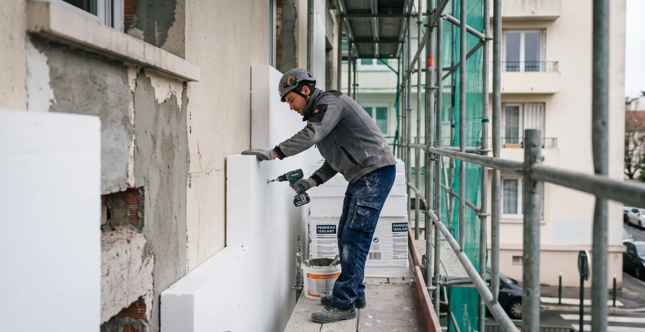 Technicien posant des panneaux d'isolation thermique extérieure sur la façade d'un immeuble résidentiel depuis un échafaudage Technicien posant des panneaux d'isolation thermique extérieure sur la façade d'un immeuble résidentiel depuis un échafaudage